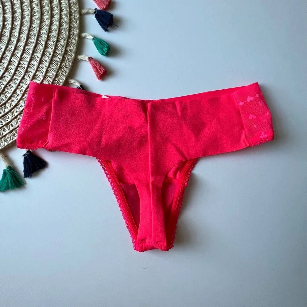 Victoria's Secret Lace-Trim No-Show Thong Panty Hottie Pink XS NEW